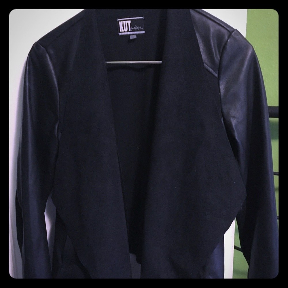 Drape front mixed media jacket